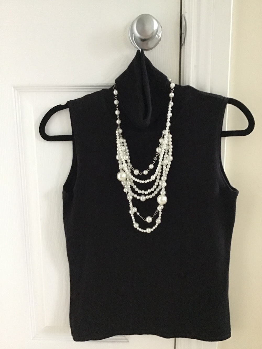 White faux pearl multi layer necklace with silver tone links
